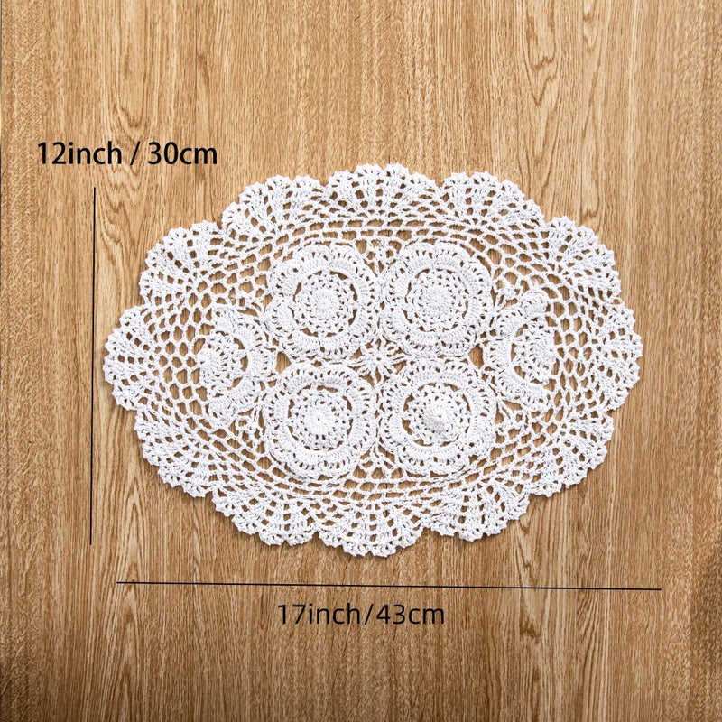 Eiyye 2-Pieces Handmade Cotton Crochet Doilies Oval Lace Table Crochet Placemats 12 x17inch, White - Image 2